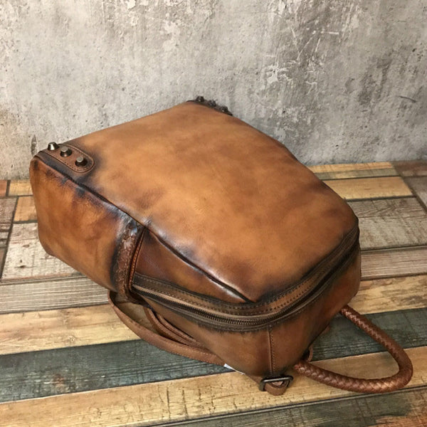 Vintage Ladies Leather Zip Backpack Purse Medium Leather Rucksack For Women Durable