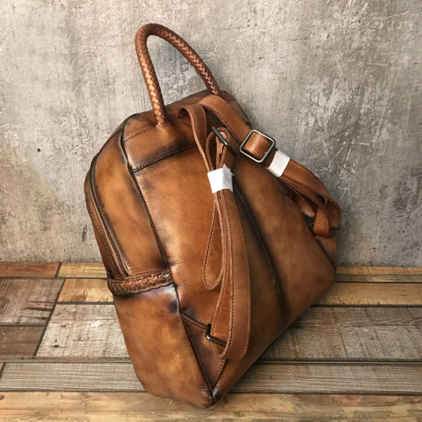 Vintage Ladies Leather Zip Backpack Purse Medium Leather Rucksack For Women Funky