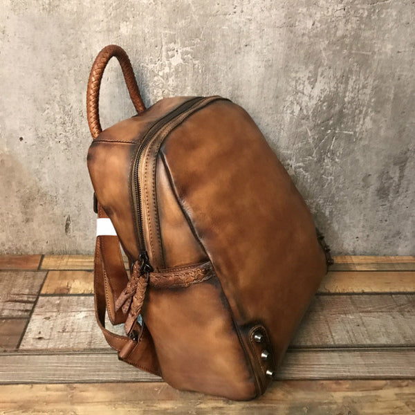 Vintage Ladies Leather Zip Backpack Purse Medium Leather Rucksack For Women Genuine Leather