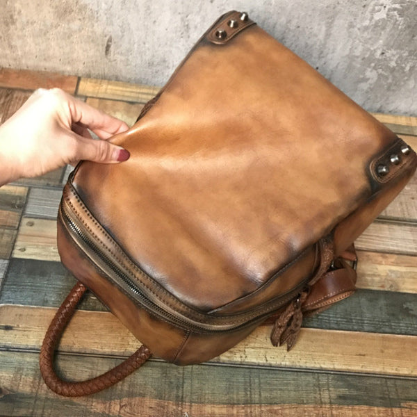 Vintage Ladies Leather Zip Backpack Purse Medium Leather Rucksack For Women Nice