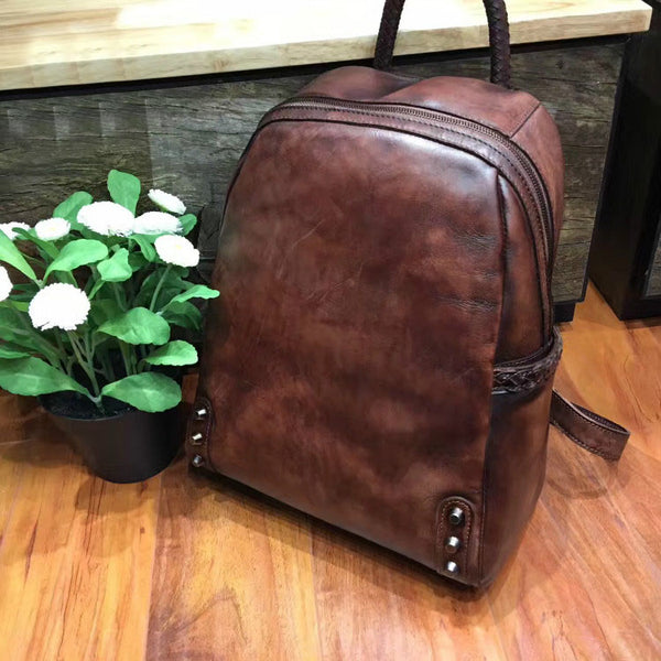 Handmade Womens Grey Leather Rucksack Backpack Purse Book Bag For Women