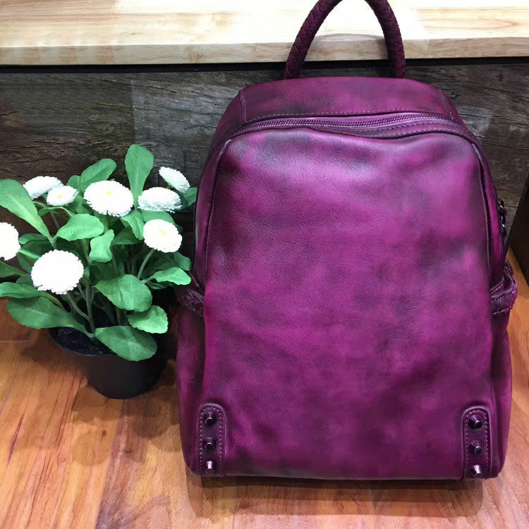 Vintage Ladies Leather Zip Backpack Purse Medium Leather Rucksack For Women Outside