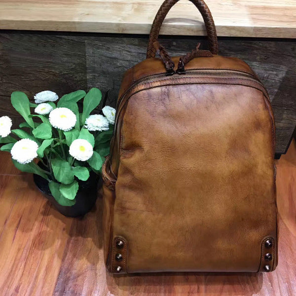 Vintage Ladies Leather Zip Backpack Purse Medium Leather Rucksack For Women Small