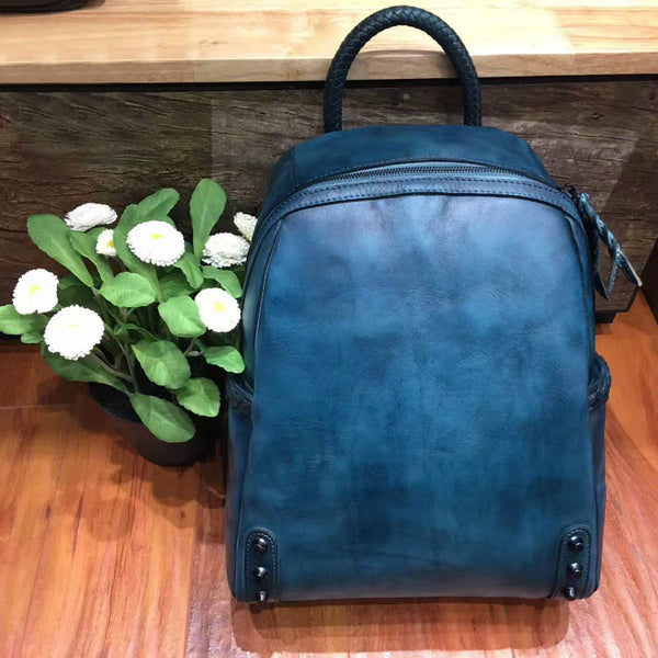 Vintage Ladies Leather Zip Backpack Purse Medium Leather Rucksack For Women Stylish