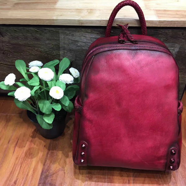 Vintage Ladies Leather Zip Backpack Purse Medium Leather Rucksack For Women Side