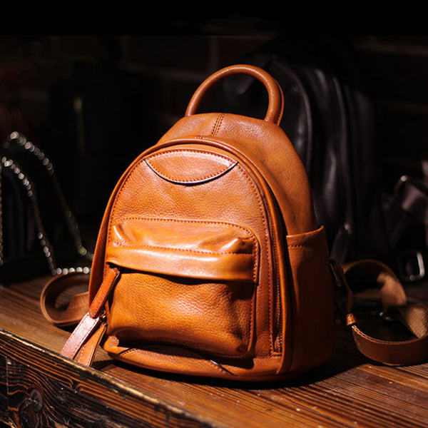 Vintage Ladies Mini Brown Leather Backpack Purse Cute Leather Backpacks for Women Designer