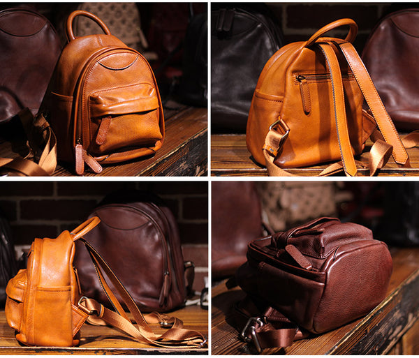 Vintage Ladies Mini Brown Leather Backpack Purse Cute Leather Backpacks for Women Genuine Leather