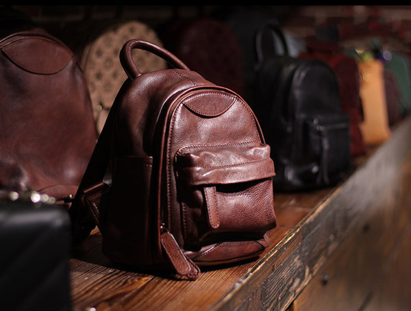 Vintage Ladies Mini Brown Leather Backpack Purse Cute Leather Backpacks for Women Outside