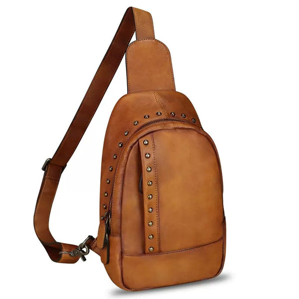Vintage Leather Women's Sling Bag Purse Chest Bag For Women Brown