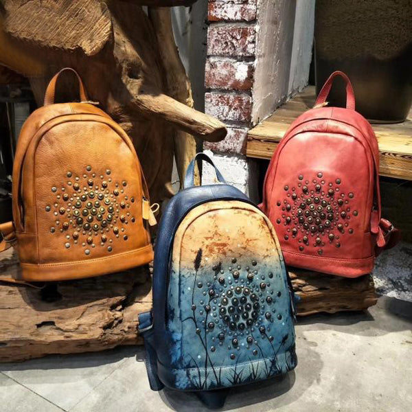 Vintage Womens Rivets Leather Backpack Bag Purse Cool Backpacks for Women