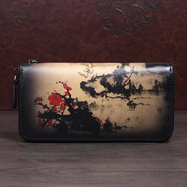 Vintage Women's Bifold Leather Long Wallet Purse Zip Around Wallet With Plum Blossom Pattern For Women Badass
