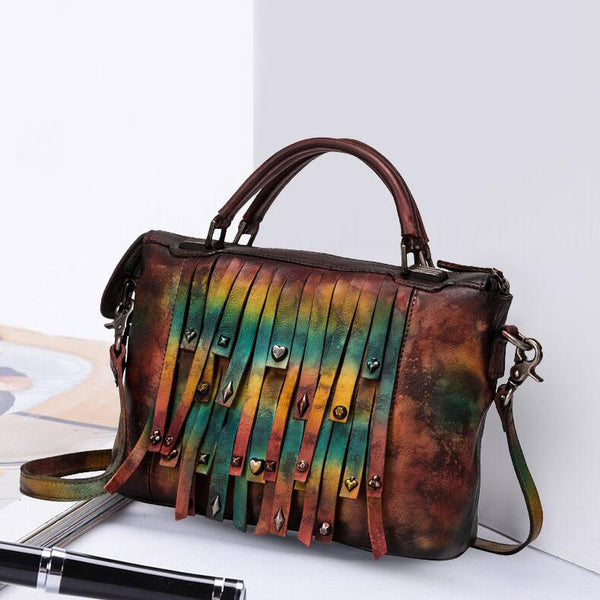 Vintage Women's Boho Genuine Leather Fringe Handbags Cross Shoulder Bag For Women Funky