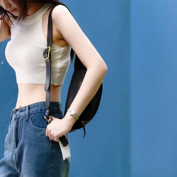 Vintage Women's Crossbody Chest Bag Leather Waist Bag For Women Black