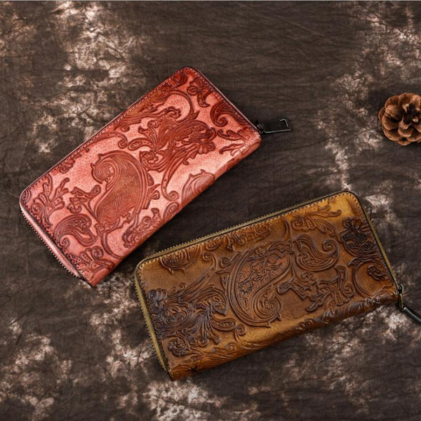 Vintage Women's Embossed Leather Clutch Wallet Purse Zip Around Wallet For Women Accessories