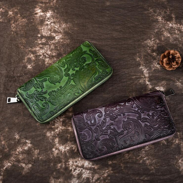Vintage Women's Embossed Leather Clutch Wallet Purse Zip Around Wallet For Women