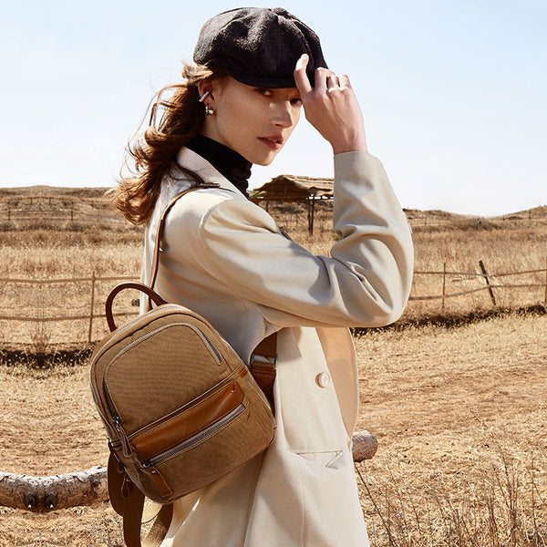 Ladies Small Canvas Leather Hiking Backpack Purse With Pockets Small Rucksack Bags for Women Affordable