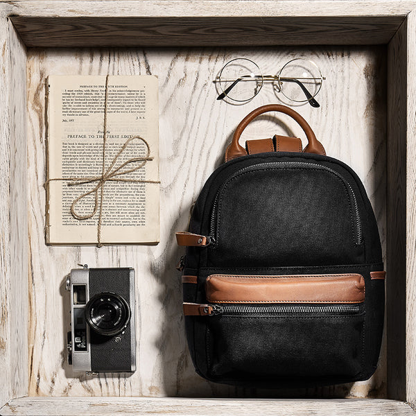 Ladies Small Canvas Leather Hiking Backpack Purse With Pockets Small Rucksack Bags for Women Beautiful