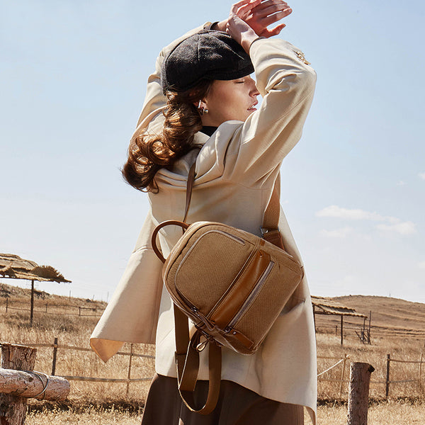 Ladies Small Canvas Leather Hiking Backpack Purse With Pockets Small Rucksack Bags for Women Boutique