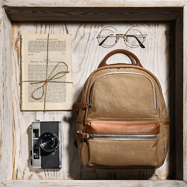 Ladies Small Canvas Leather Hiking Backpack Purse With Pockets Small Rucksack Bags for Women Chic