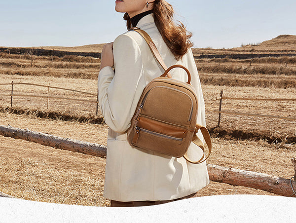 Ladies Small Canvas Leather Hiking Backpack Purse With Pockets Small Rucksack Bags for Women Cool