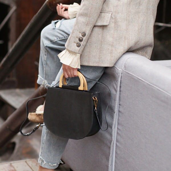 Small Womens Leather Handbags With Wooden Handle Side Bag Purse for Womens