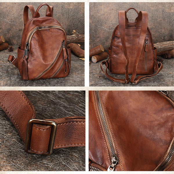 Vintage Womens Brown Leather Backpack Purse Book Bag Purse for Women Handmade