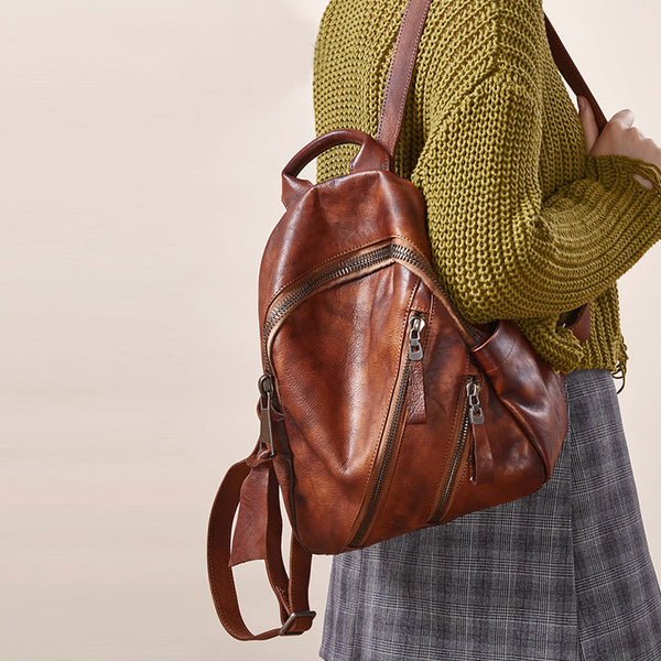 Vintage Womens Brown Leather Backpack Purse Book Bag Purse for Women beautiful