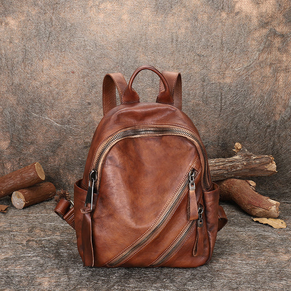Vintage Womens Brown Leather Backpack Purse Book Bag Purse for Women