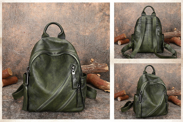 Vintage Womens Brown Leather Backpack Purse Book Bag Purse for Women green