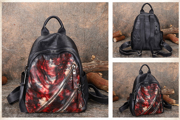 Vintage Womens Brown Leather Backpack Purse Book Bag Purse for Women red