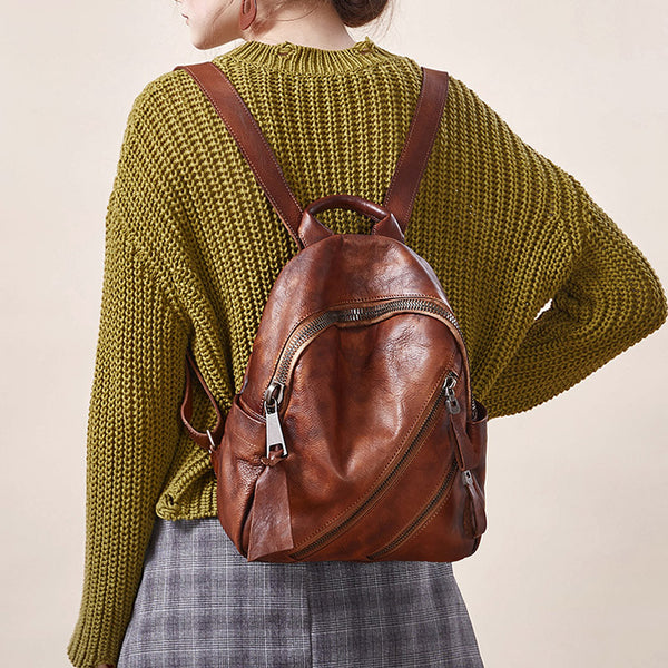 Vintage Womens Brown Leather Backpack Purse Book Bag Purse for Women school bag