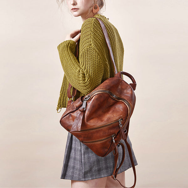Vintage Womens Brown Leather Backpack Purse Book Bag Purse for Women work bag
