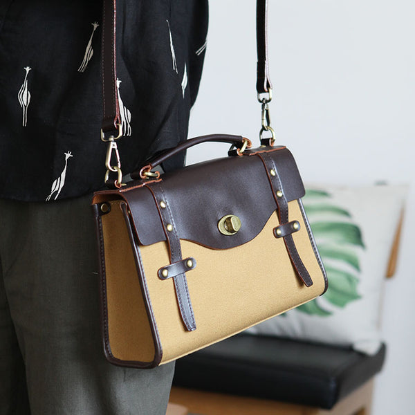 Vintage Womens Canvas Satchel Bag With Leather Flap Cross Body Messenger Bag Affordable