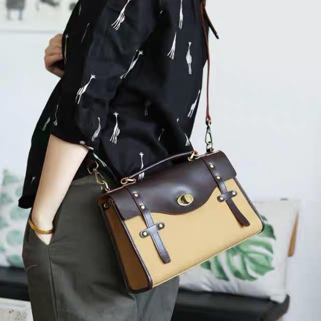 Vintage Womens Canvas Satchel Bag With Leather Flap Cross Body Messenger Bag Badass