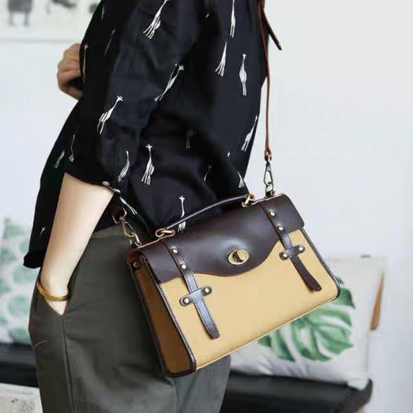 Vintage Womens Canvas Satchel Bag With Leather Flap Cross Body Messenger Bag Badass