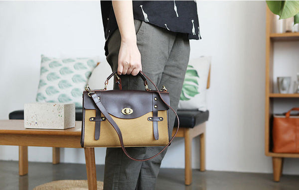 Vintage Womens Canvas Satchel Bag With Leather Flap Cross Body Messenger Bag Beautiful