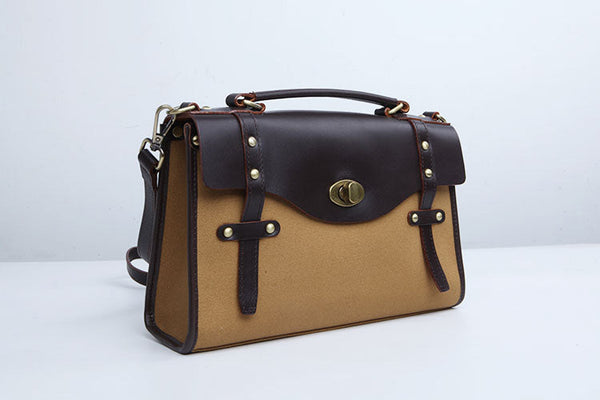 Vintage Womens Canvas Satchel Bag With Leather Flap Cross Body Messenger Bag Boutique