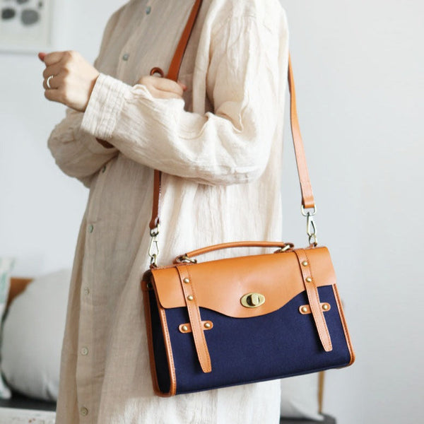 Vintage Womens Canvas Satchel Bag With Leather Flap Cross Body Messenger Bag Brown