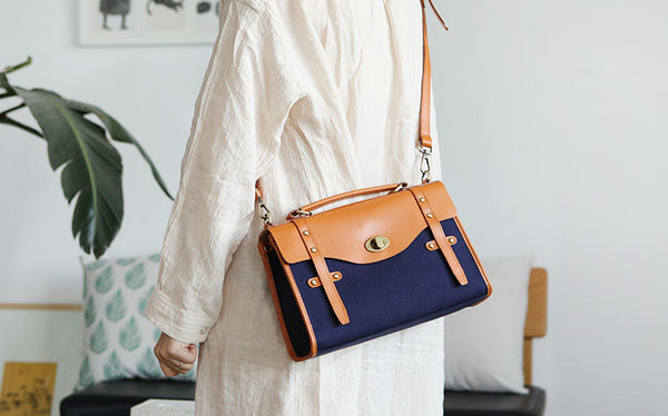 Vintage Womens Canvas Satchel Bag With Leather Flap Cross Body Messenger Bag Casual