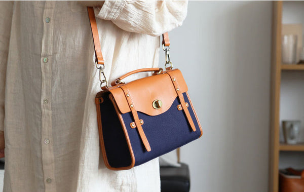 Vintage Womens Canvas Satchel Bag With Leather Flap Cross Body Messenger Bag Chic