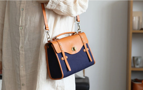 Vintage Womens Canvas Satchel Bag With Leather Flap Cross Body Messenger Bag Chic