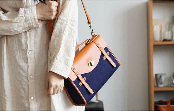 Vintage Womens Canvas Satchel Bag With Leather Flap Cross Body Messenger Bag Cool