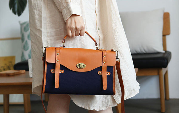 Vintage Womens Canvas Satchel Bag With Leather Flap Cross Body Messenger Bag Designer