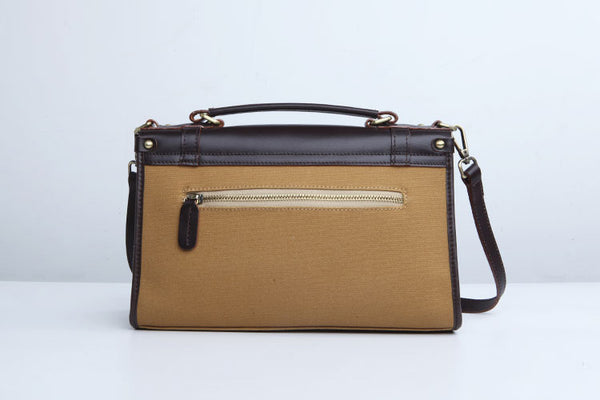 Vintage Womens Canvas Satchel Bag With Leather Flap Cross Body Messenger Bag Details