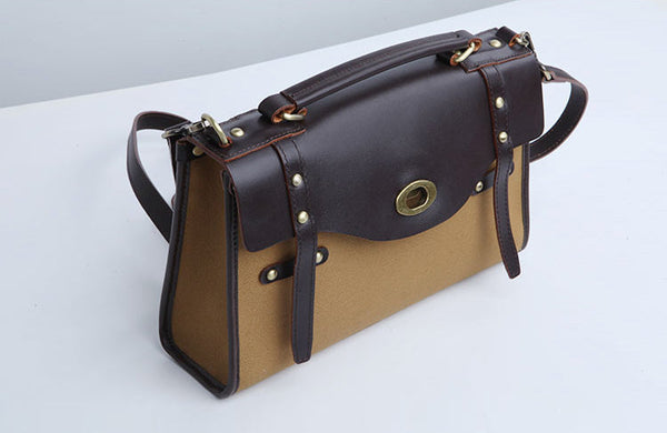 Vintage Womens Canvas Satchel Bag With Leather Flap Cross Body Messenger Bag Durable