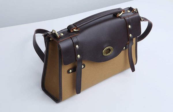 Vintage Womens Canvas Satchel Bag With Leather Flap Cross Body Messenger Bag Durable