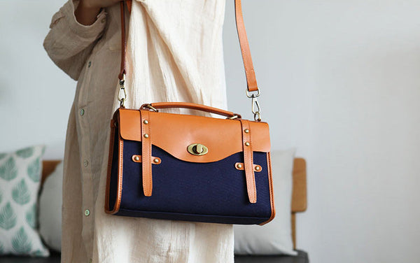 Vintage Womens Canvas Satchel Bag With Leather Flap Cross Body Messenger Bag Fashion