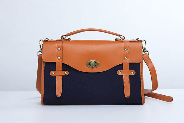 Vintage Womens Canvas Satchel Bag With Leather Flap Cross Body Messenger Bag Front