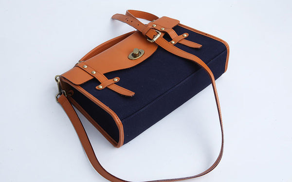 Vintage Womens Canvas Satchel Bag With Leather Flap Cross Body Messenger Bag Funky