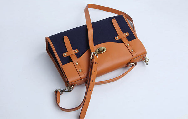 Vintage Womens Canvas Satchel Bag With Leather Flap Cross Body Messenger Bag Gift